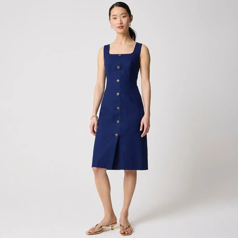 J.Crew Linen Cotton Blend Button Front Old Money Midi Dress Blue 6